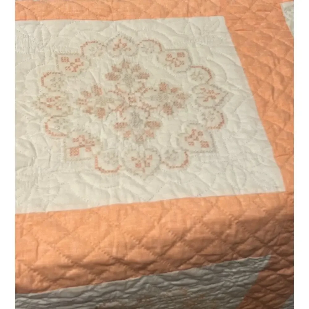 Vtg Handmade Stitched Quilt Twin 101 x 88 Peach Incomplete Project Cottage Retro